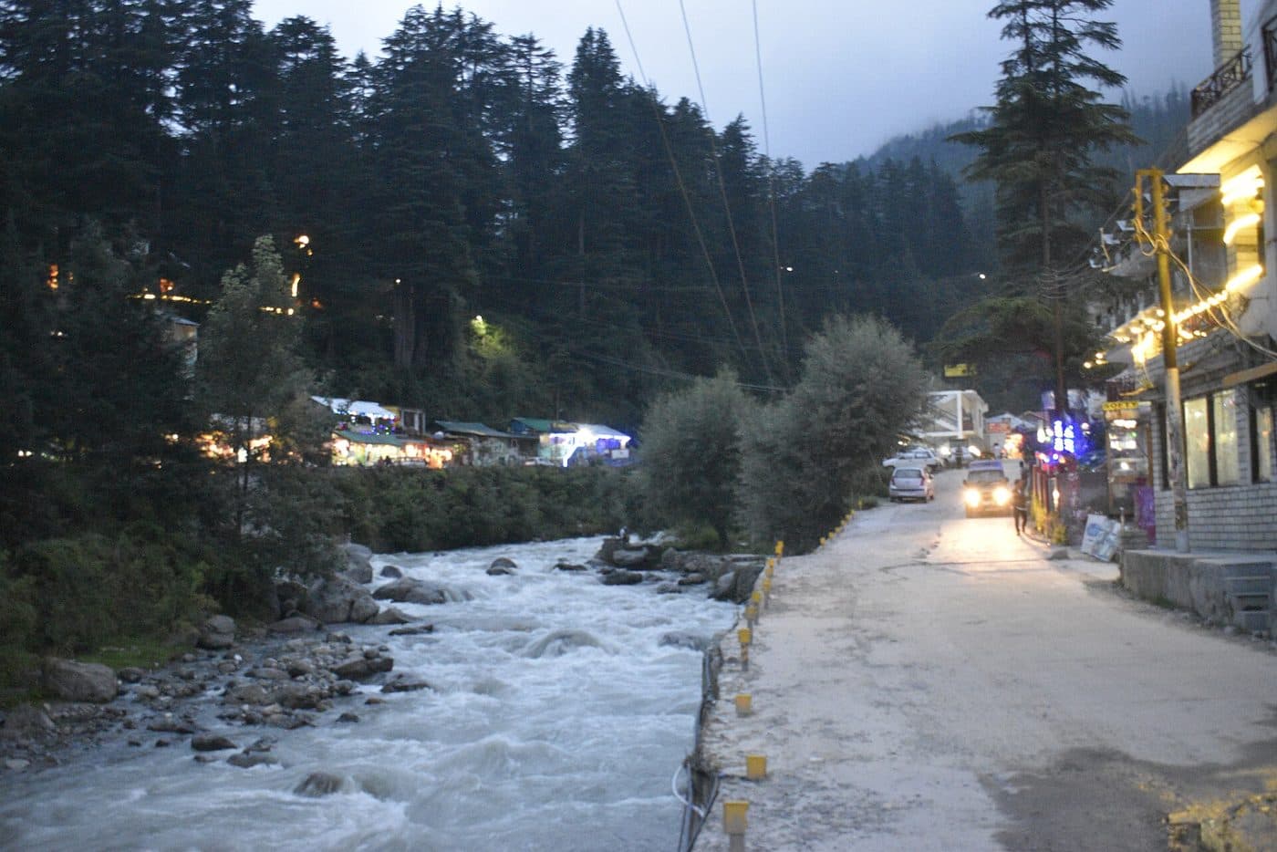 The Manalsu stream at Old Manali at dusk